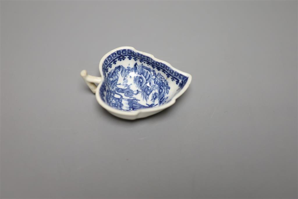 An 18th century miniature blue and white pickle leaf dish, possibly Caughley, length 17cm
